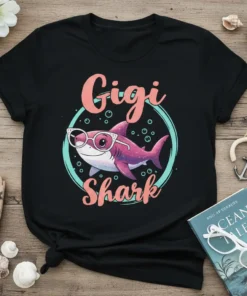 Gigi Shark t-shirt design with a cartoon shark wearing sunglasses and the text "Gigi Shark"