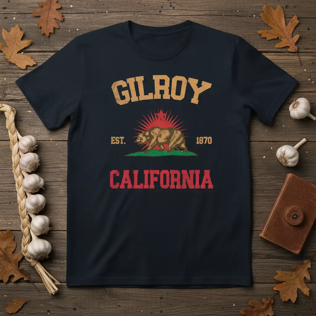Gilroy California Bear T-Shirt eye-catching design printed on comfortable cotton fabric creating a standout t-shirt