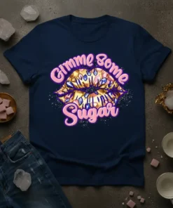 Gimme Some Sugar graphic tee with pink text and a stylized, jewel-covered pair of lips