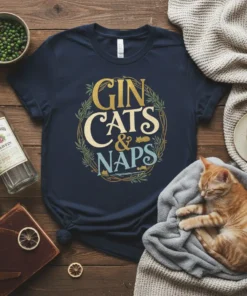 Navy t-shirt with "Gin Cats & Naps" text design in gold, cream, and blue, surrounded by a floral wreath, featuring