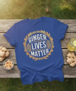 Ginger Lives Matter slogan in distressed circle graphic on a royal blue t-shirt, with ginger roots and drink nearby
