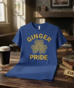 Blue t-shirt with "Ginger Pride" text and a Celtic knot shamrock graphic in gold