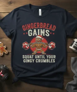 Gingerbread Gains Squat Until Your Gingy Crumbles T-Shirt with a gingerbread man lifting weights