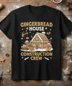 Gingerbread House Construction Crew text with gingerbread man and bulldozer building a gingerbread house, festive holiday design