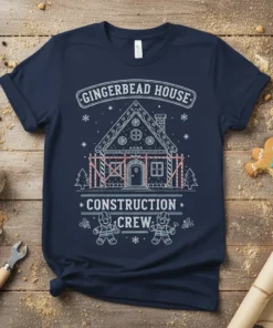 Gingerbread House Construction Crew T-Shirt design featuring a gingerbread house under construction with two gingerbread men