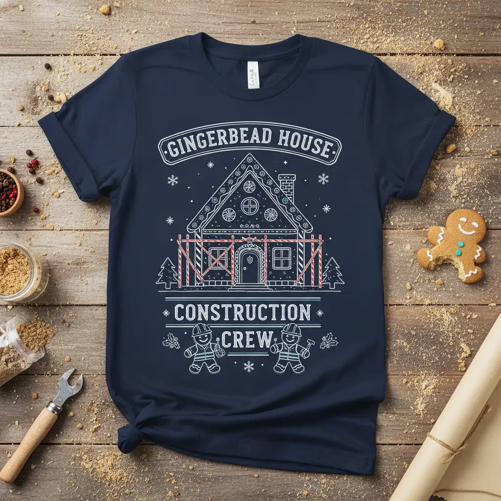 Gingerbread House Construction Crew design with festive building elements and cute gingerbread men graphics