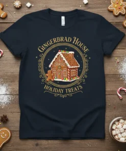 Gingerbread House Holiday Treats Christmas t-shirt design featuring a detailed gingerbread house and a gingerbread man