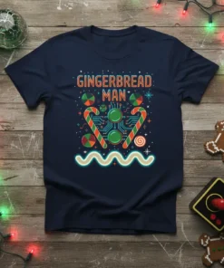 Gingerbread Man Christmas T-Shirt with candy canes, circuits, and festive lights graphic
