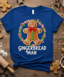 Blue t-shirt with a gingerbread man graphic and the text "GINGERBREAD MAN" in white, surrounded by a candy cane and