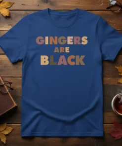 Gingers Are Black t-shirt with multi-colored text representing different skin tones, promoting diversity and inclusion