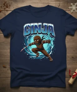 Ginja Gingerbread Ninja T-Shirt with a brown gingerbread man in ninja attire holding a candy cane sword and shuriken, surrounded