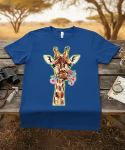 Artistic Giraffe Floral Design T-Shirt with colorful flowers around its neck, abstract style