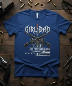 Girl Dad Her Protector Forever patriotic t-shirt design with crossed rifles and American flag shield