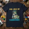 Girl Hold My Earrings quote with Statue of Liberty graphic on a navy blue t-shirt