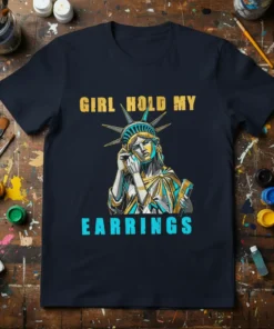Girl Hold My Earrings quote with Statue of Liberty graphic on a navy blue t-shirt