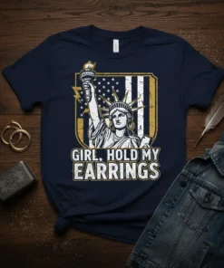 Girl, Hold My Earrings Statue of Liberty T-Shirt with American flag background and lightning bolt accents