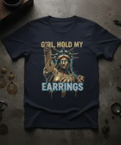 Girl, Hold My Earrings quote with Statue of Liberty graphic on a navy t-shirt, gold and blue design elements