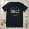 Girl Mama text design with playful script and block letters, surrounded by a pastel circle and stars on a black