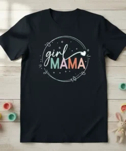 Girl Mama text design with playful script and block letters, surrounded by a pastel circle and stars on a black