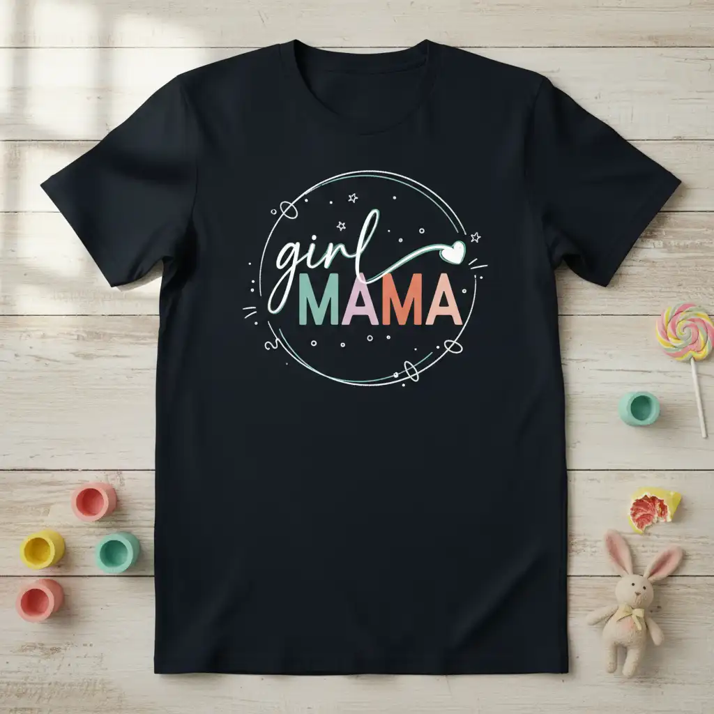 Girl Mama text graphic featuring whimsical script and bold letters, framed by pastel accents and stars on a t-shirt
