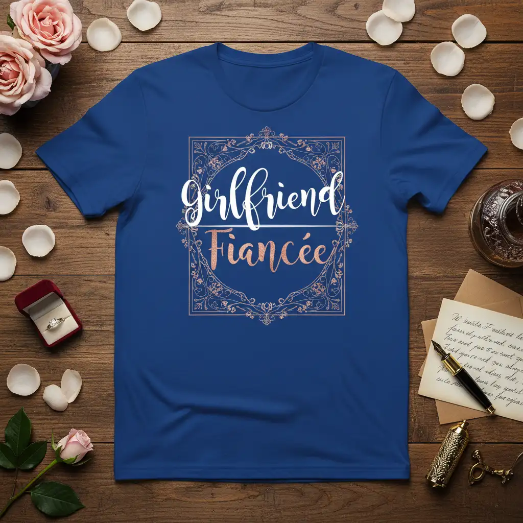 Elegant Girlfriend Fiancée text design in white and rose gold on a blue t-shirt, perfect for bridal announcements