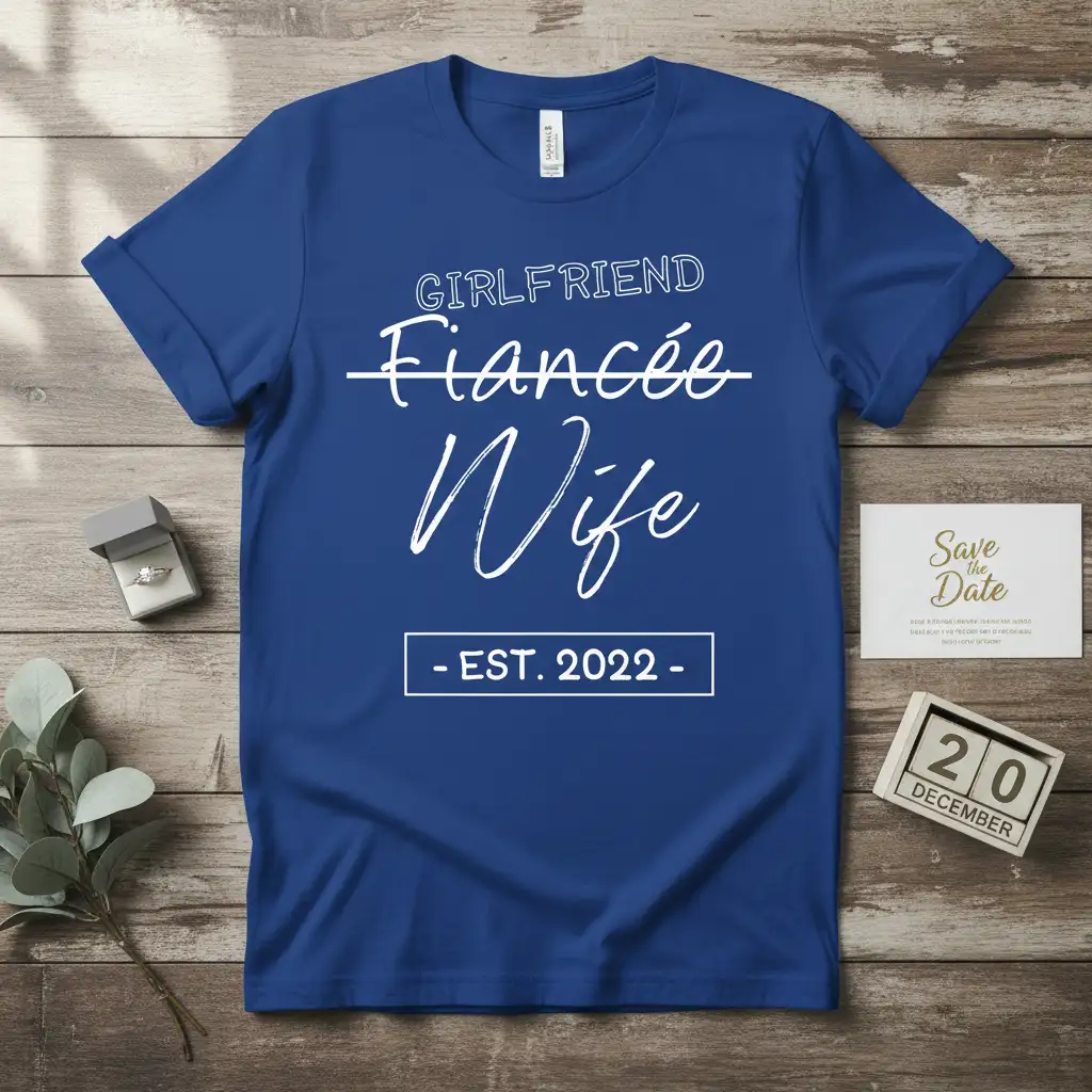 Girlfriend Fiancee Wife Est 2022 t-shirt with clear progression text, celebrating marriage milestones