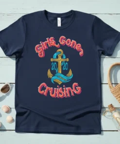 Girls Gone Cruising 2020 text with anchor and waves graphic on a navy blue t-shirt