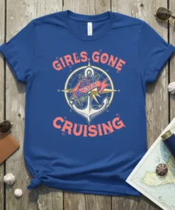 Girls Gone Cruising 2023 t-shirt with anchor, compass, and floral design in coral text