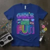 Girls Just Wanna Have Fun text design with vibrant neon retro graphics on a royal blue t-shirt