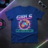 Girls Just Wanna Have Fun quote with a retro disco ball graphic featuring dancing silhouettes on a blue t-shirt