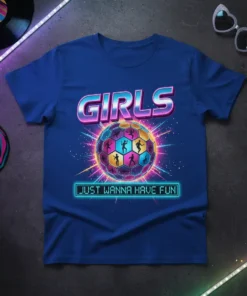 Girls Just Wanna Have Fun quote with a retro disco ball graphic featuring dancing silhouettes on a blue t-shirt