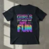 GIRLS JUST WANNA HAVE FUN text in a retro neon gradient style on a black t-shirt