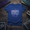 Graphic tee with text "Girls Just Wanna Have Fundamental Human Rights" in colorful neon font with circuit board design