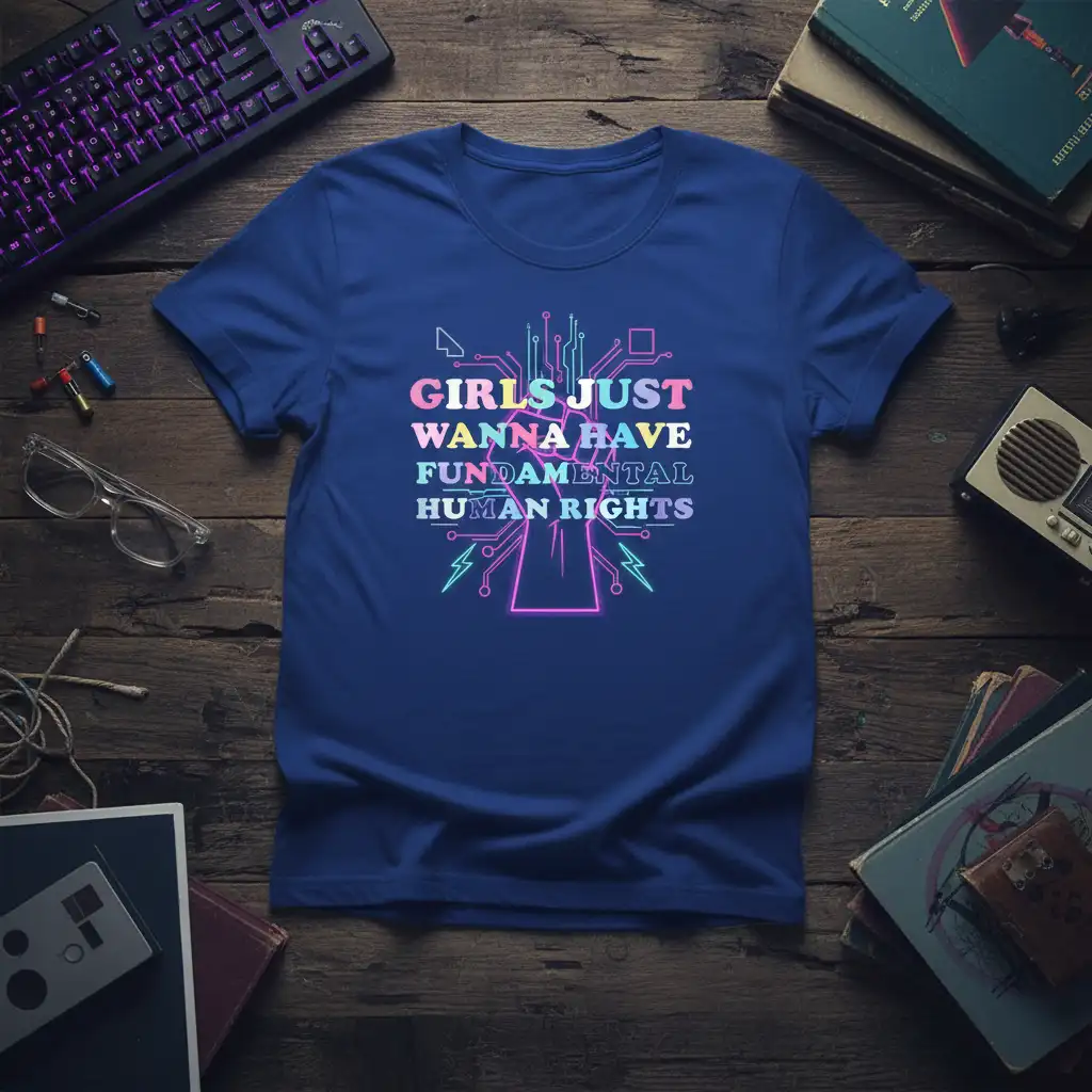 Girls Just Wanna Have Fundamental Human Rights quote with neon circuit design on a blue t-shirt