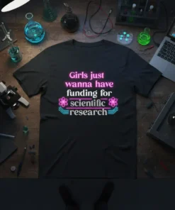 Girls just wanna have funding for scientific research quote in neon pink and blue on a black t-shirt, with atom