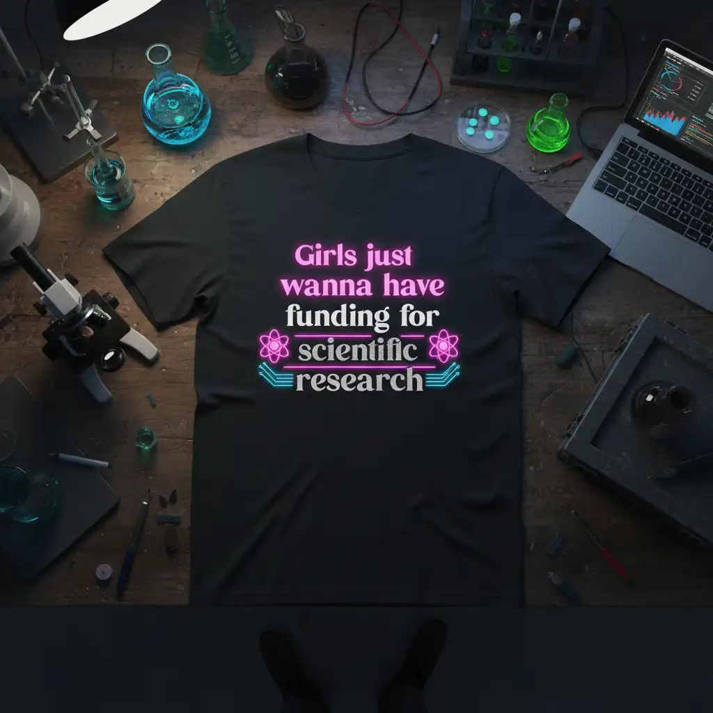 Girls just wanna have funding for scientific research quote with neon accents and atom graphics on a black t-shirt design