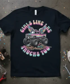Girls Like Big Trucks Too text with a winged monster truck graphic on a navy t-shirt