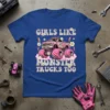 Girls Like Monster Trucks Too text design with a pink monster truck and floral accents, on a blue t-shirt