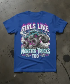 T-shirt with "Girls Like Monster Trucks Too" text and a blue monster truck graphic with pink flames and smoke