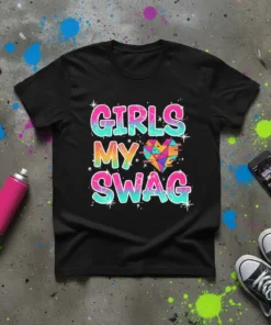 Black t-shirt with "GIRLS MY SWAG" text and a colorful geometric heart graphic