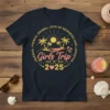Girls Trip 2025 t-shirt with text "Friends, French, Drinks, Lots of Memories and Laughter" and tropical beach graphic
