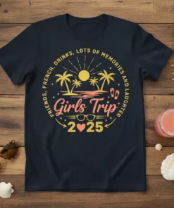 Girls Trip 2025 t-shirt with text "Friends, French, Drinks, Lots of Memories and Laughter" and tropical beach graphic