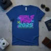 Girls Trip 2025 Making Memories Together text design with neon pink and blue retro font and palm trees