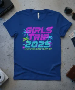 Girls Trip 2025 Making Memories Together text design with neon pink and blue retro font and palm trees