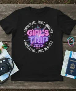 GIRLS TRIP 2025 UNFORGETABLE TABLE MEMORIES unique graphic design printed on comfortable cotton t-shirt