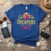 Girls' Trip CHEAPERS THAN THERAPY ???? 2023 text design with palm trees and sunset graphic on a blue t-shirt