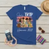 Girls TRIP Hawaii 2022 text with four women and palm trees at sunset graphic on blue t-shirt