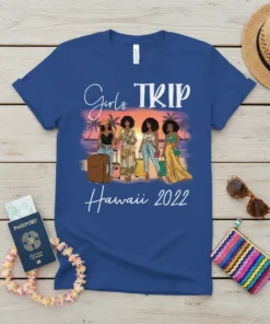 Girls TRIP Hawaii 2022 text with four women and palm trees at sunset graphic on blue t-shirt