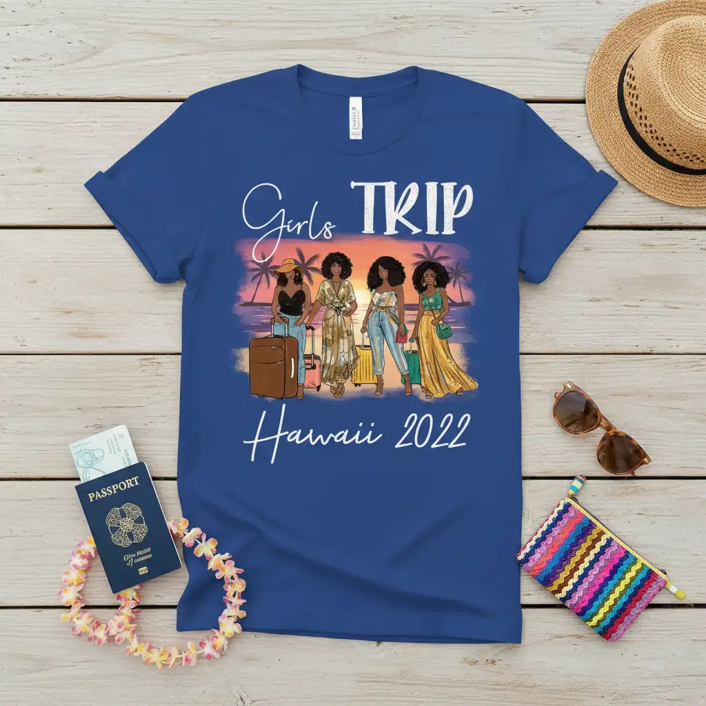 Girls TRIP Hawaii 2022 text art with illustration of four women and tropical beach sunset scene