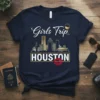 Girls Trip Houston skyline t-shirt design with white script text, city silhouette, and red lips graphic
